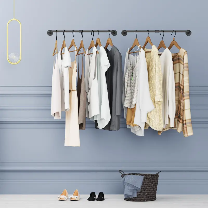 Pack of 2 Industrial Pipe Clothes Rail Rack, Wall-Mounted Garment Organizer 1