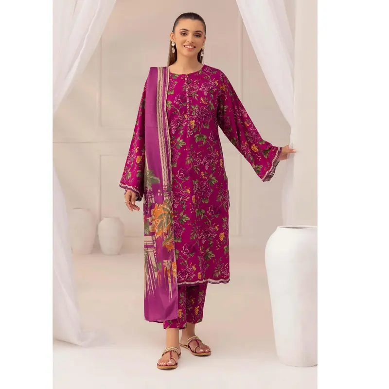 Burnt Pink 3 Pc Printed Khaddar Ready to Wear Dress - Adan's libas 0