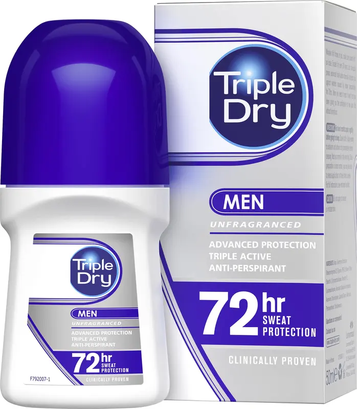 Triple Dry Men | Anti-Perspirant Roll On 50ml | 72-Hour Protection Against Excessive Sweating | Fights Odour | Triple Active Formula | Fragrance-Free | Clinically Proven | Male 0