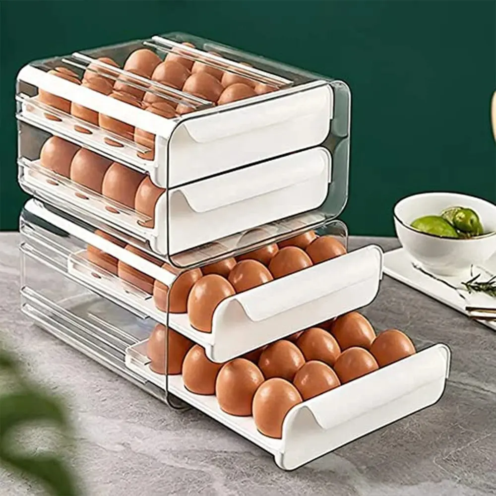 Double-Layer Egg Storage Drawer Box - Holds 32 Eggs - Transparent Body - White - Utensils, Kitchen
