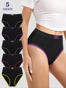 Women's Colorblock Letter Tape Briefs, Soft Comfy Breathable Seamless Panty for Daily Wear, Underwear for All Seasons