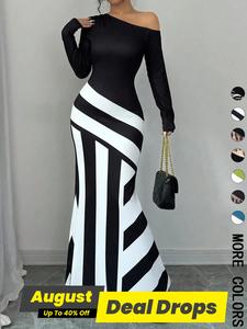 Women's Colorblock Striped Print Asymmetrical Neck Longsleeves Mermaid Dress, Lady Chic Elegant Fashion Long Sleeve Dress for Party Dating Wear, Women Dress for All Seasons, Formal Dresses Women, Womenswear, Evening Party Dresses