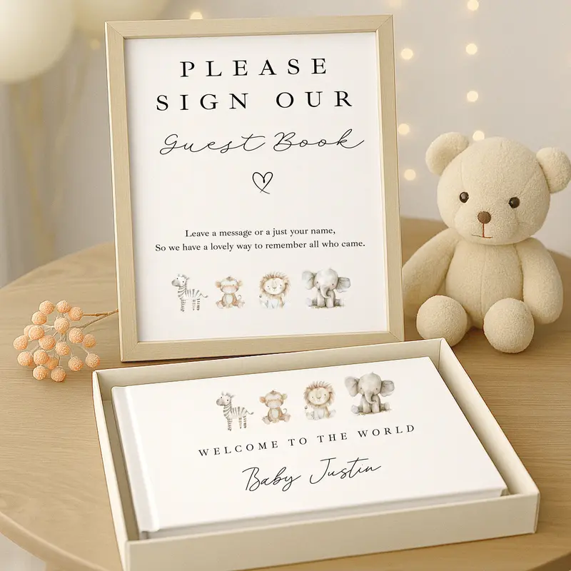 Personalised Watercolour Safari Baby Shower Guest Book | A4 Sign 1