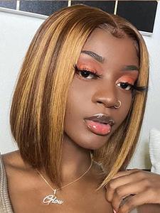 8 Inch 13x4 Highlight Ombre Lace Front Wig, Short Bob Human Hair Wig,   Ombre Bob Wig for Women, Daily Party Christmas Gift
