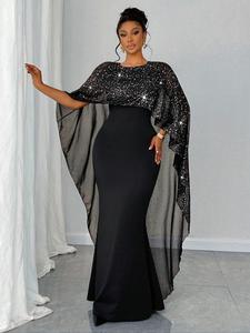 【Plus Size】 Contrast Sequin Cloak Sleeve Dress, Elegant Fashion Round Neck Evening Party Gown, Women's Plus Clothing for Evening Party