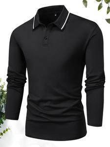 Men's Plain Half Button Polo Shirt, Anti-wrinkle Breathable Long Sleeve Collared T-shirts, Regular Fit Casual Business Tops for Spring, Men's Clothing for Daily Wear