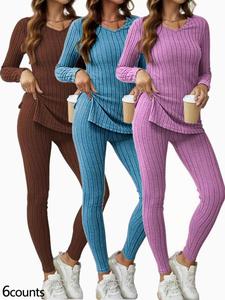 Women's Solid Long Sleeve V Neck Top & Skinny Pants Pajama Set, Casual Comfy Loungewear Set for Daily Wear, Ladies Sleepwear for All Seasons