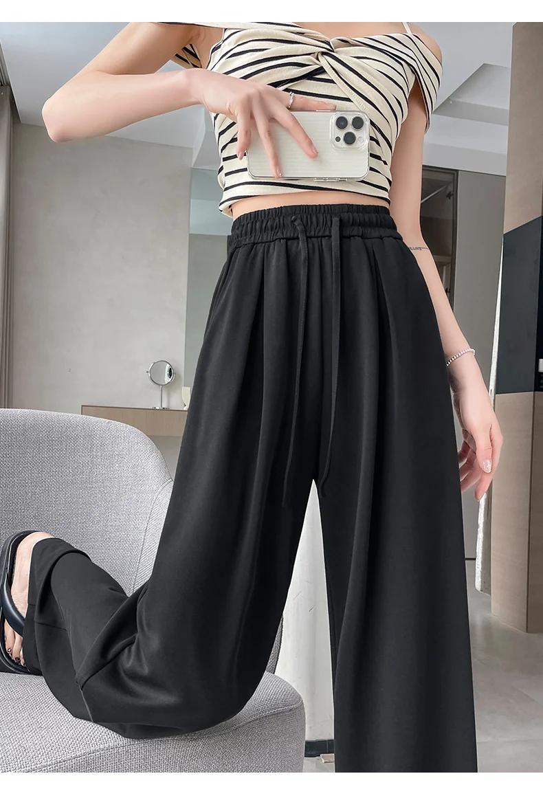 Product Introduction of 2025 New Summer Women's Casual Pants High Waist Solid Minimalism Loose Floor Length Wide Leg Trousers Female 48