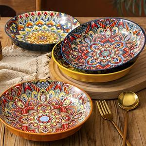 Bohemian Style Floral Pattern Ceramic Dinner Plate Set, 4 Counts/set Creative Dish Plate, Large Deep Plate for Home and Restaurant Use, Salad Plates