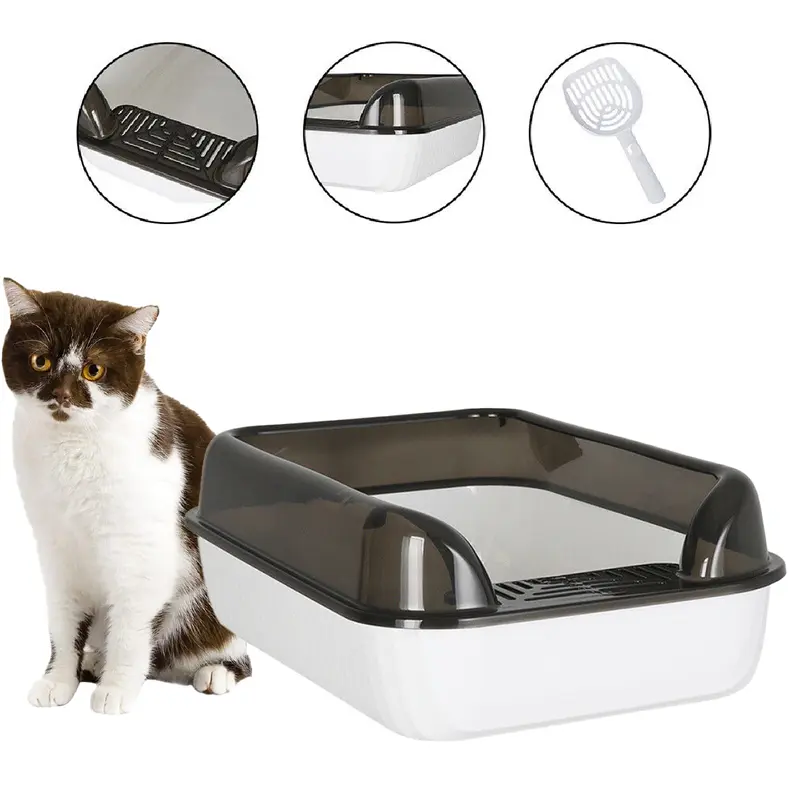 Large Cat Litter Tray Box, Plastic Open Cat Litter Box with Raised Rims and Detachable Rim, Litter Tray with Free Scoop, 50*34.5*17cm litter  box litter  tray 3
