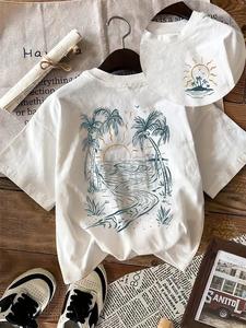 Women's Cartoon Beach Print Round Neck Tee, Casual Short Sleeve T-shirt for Summer, Ladies Clothes for Daily Wear, Top