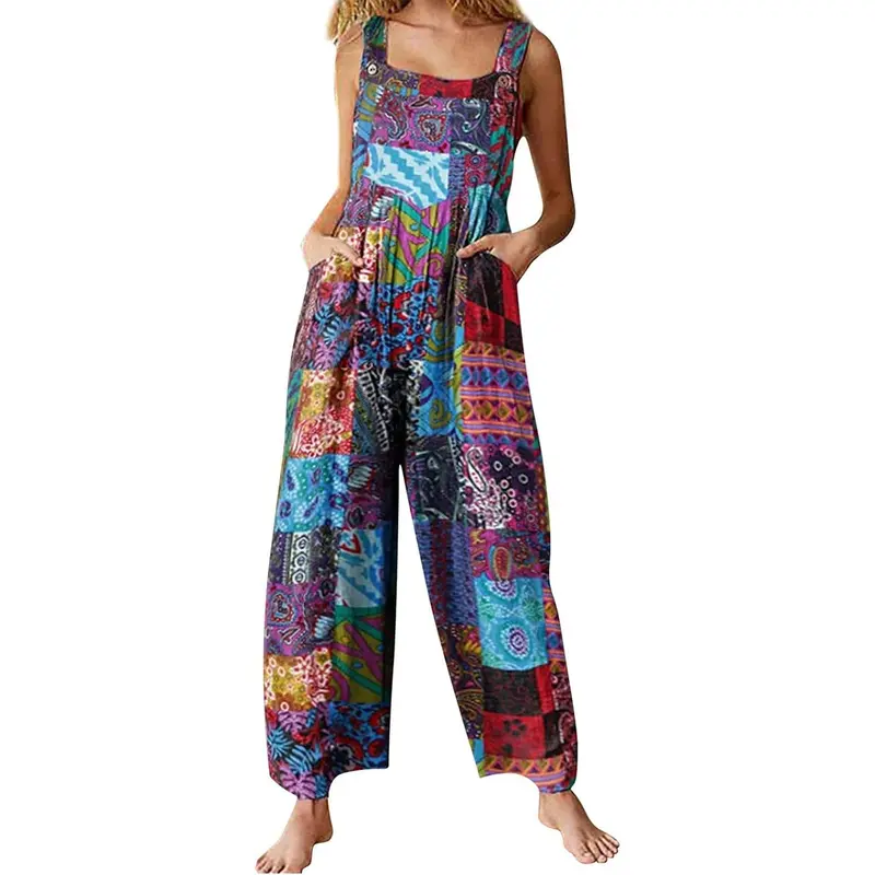 Women Summer Dungarees Multicolor Ethnic Style Square Neck Long Jumpsuit Playsuit Sleeveless Casual Baggy Overalls Rompers 0