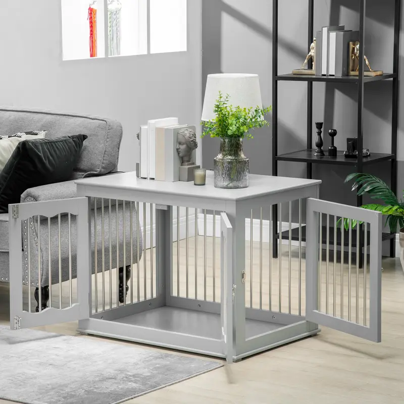 PawHut Dog Crate End Table with Three Doors, Furniture Style Dog Crate for Medium Dogs with Locks & Latches, Grey 7