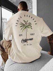 Unisex's Letter & Palm Tree Print Drop Shoulder Tee, Regular Fit Casual Comfy Round Neck Half Sleeve T-shirt for Summer, Fashion Unisex's Top for Daily Wear, Menswear