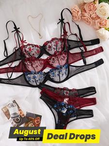 Women's Floral Embroidery Design Contrast Mesh Sheer Sexy Knit Lingerie Set, Sexy Elegant Fit Adjustable Underwire Straps Bra & Thong Set, Ladies Lingerie Set, Ladies Sexy Underwear Set, Lingerie for Women, Womenswear, Traditional
