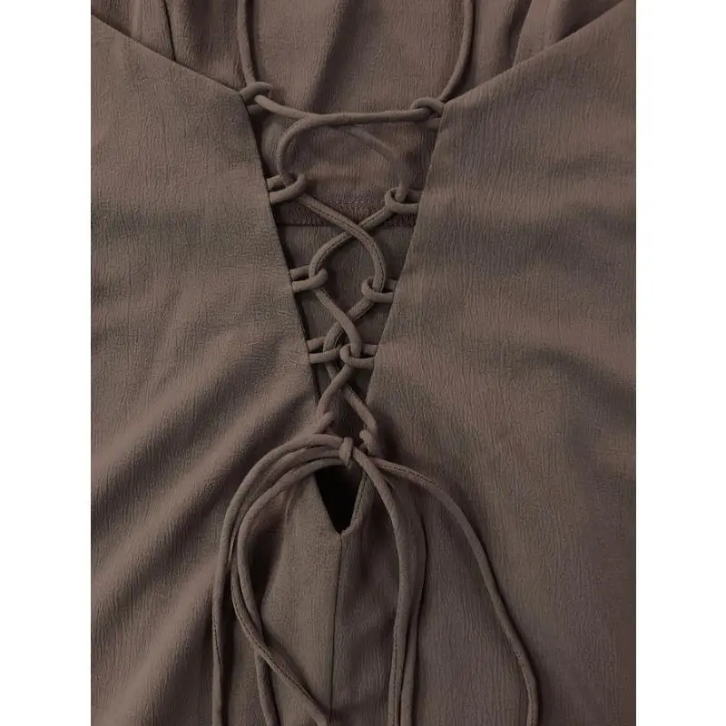 Elegant Off-Shoulder Brown Maxi Dress with Crisscross Back Detail - Sleeveless, Polyester Blend, Perfect for Parties & Bridesmaids 3