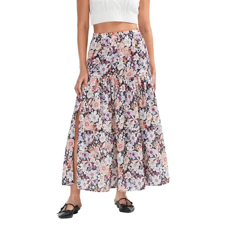 Women Floral Long Skirts High Waist Flowy Slit Skirt Summer Bohemian Skirt for Casual Daily Holiday 5