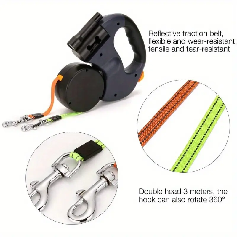 ORACEGRA     1 Set of 3m Flexible Double Retractable Dog Leashes. Ideal for Outdoor Adventures and Travel with Your Furry Friends, These Leashes Offer Convenience and Control. 3