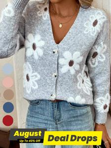 Plus Size Floral Print Button Front Cardigan, Casual Drop Shoulder  V Neck Knitwear for Fall & Winter, Women's Plus Clothing for Daily Wear