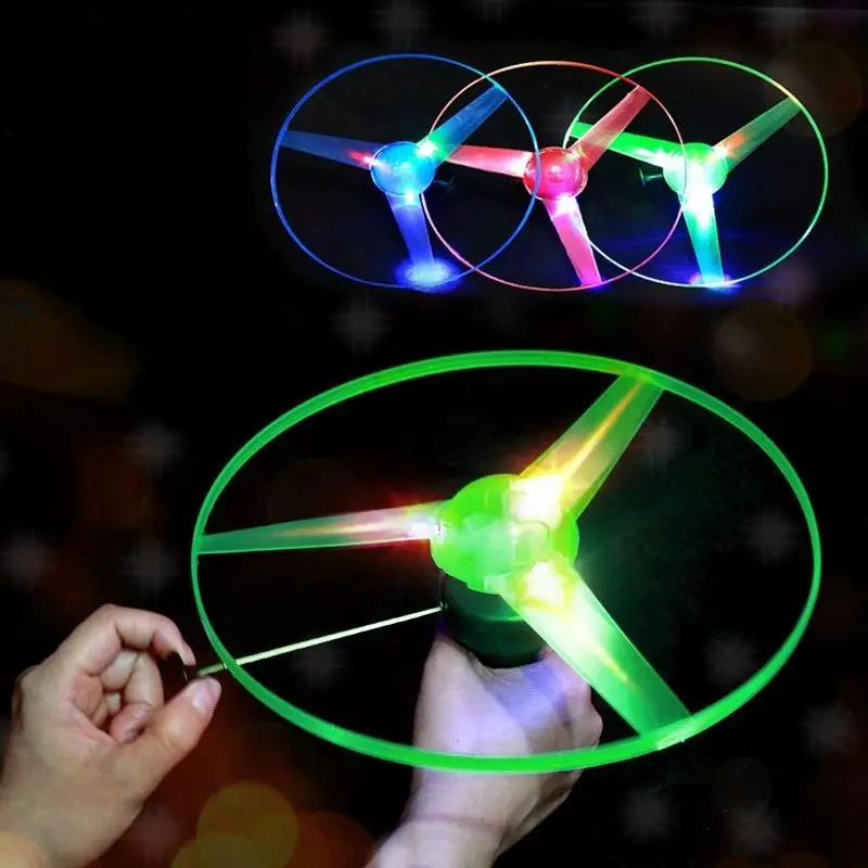 [UU] 1pc Pull Wire Glow UFO Funny Spinning Flyer Luminous LED Light Handle Top Toys for Kids Gifts Outdoor Sport Parent-child Game 1