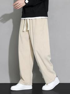 Men's Solid Drawstring Waist Pants, Loose Casual Comfy Straight Leg Trousers for Fall & Winter, Men's Bottoms for Daily Wear