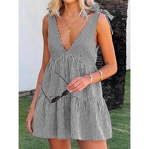 Women's Plaid Print Bowknot Decorated Strap Sleeveless Dress, Casual Fashion Plaid Dress Suitable for Daily Vacation Wear, Women's Summer Dress, Outing Dress, Women's Clothing, Casual Elegant Dress, Bowknot Dress Womenswear Black hoc o knitted cocktail