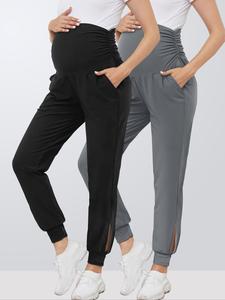 Maternity Solid Pocket  Jogger Pants, Casual Comfy Breathable Trousers  for Yoga Gym Workout, Maternity Bottoms for Summer
