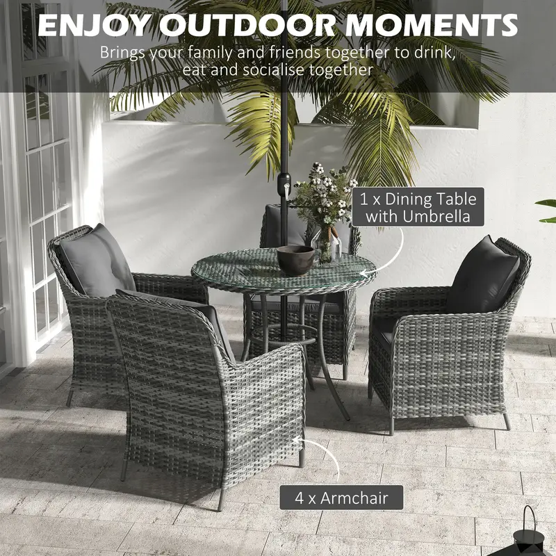 4 Seater Rattan Dining Set with Parasol & Cushions - Mixed Grey 3