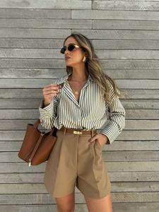 Women's Striped Print Button Front Shirt, Trendy Casual Drop Shoulder Long Sleeve Collared Top for Spring & Fall, Women's Clothes for Daily Wear