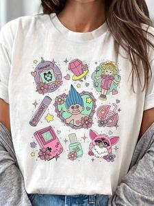 Women's Cartoon Print Round Neck Tee, Fashion Casual Fitted  Kawaii Shortsleeve T-shirt, Ladies Summer Clothes for Daily Wear, Womenswear