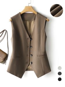 Women's Solid Button Front Vest Blazer, Elegant V Neck Pocket Suit Vest For Work Office Business, Ladies Spring & Fall Clothes, Modern Easy Wear