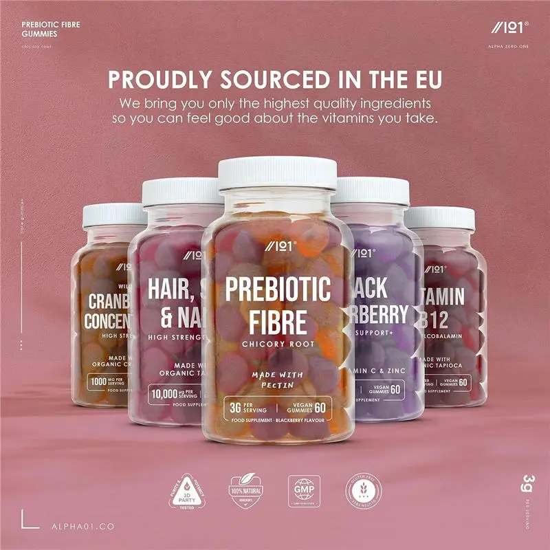 Prebiotic Fibre Gummies 3g - 60 Vegan Gummies - Chicory Root Inulin, BlackBerry, Strawberry & Peach Flavour (30 Day Supply) by Alpha01 3