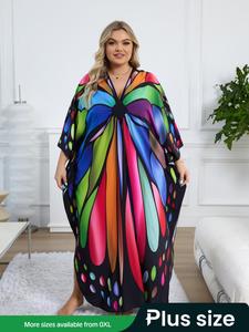 【plus Size】butterfly / Feather Print Ruched Split Hem Tunic Dress, Chic Elegant Batwing Sleeve V Neck Maxi Dress for Summer, Gift, Women's Clothes for Beach Holiday Vacation, Going Out Casual Chic Dress for Summer, Womenswear, Beachwear