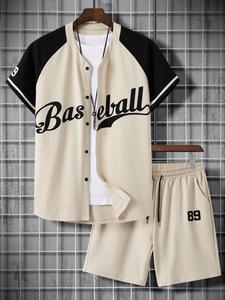2 Pieces Men's Colorblock Letter Print Shorts Set, Regular Fit Raglan Sleeve Button Front Top & Drawstring Waist Shorts, Mens Tracksuit, Men's Designer Outfits Set, Two-piece Outfits for Summer