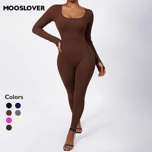 Mooslover Women Yoga Jumpsuits Workout Ribbed Long Sleeve Sport Jumpsuits