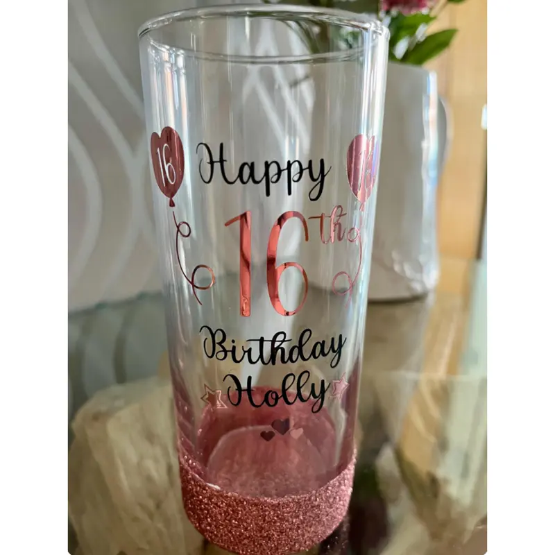 Personalised Glitter Birthday Glass Balloon design - 18th, 21st, 30th, 40th, 50th - Lit Wine Bottle Gin Wine - Rose Gold and many other colours available - Stylish, Drinkware 4