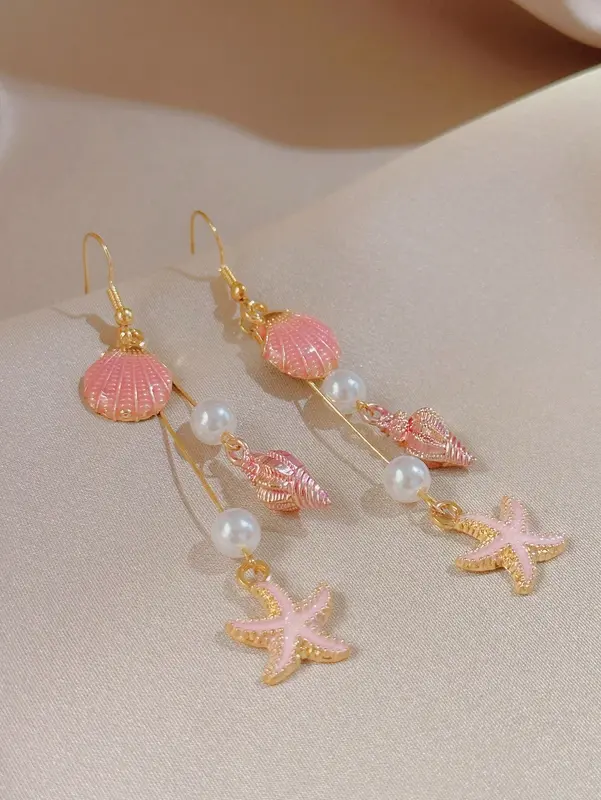 1 Pair Pink Shell & Conch Dangle Earrings for Teenage Girls – Beach Vacation Style with Faux Pearls, Cute Summer Jewellery for Holidays & Daily Wear 4