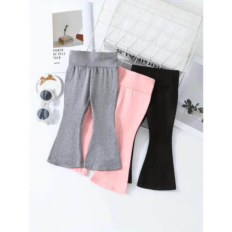 Girls' Solid Color Half-High Waist Bell Bottom Pants 3pcs Set 5