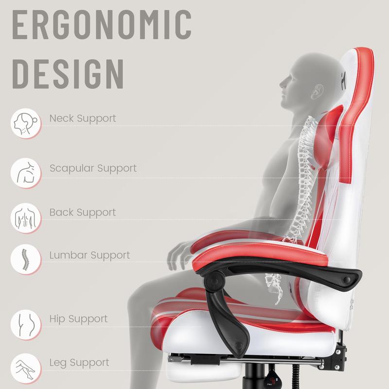 Gaming Chair, Ergonomic Computer Chair with Footrest, Height Adjustable Office Chair for Adults with 360° Swivel Headrest and Lumbar Support for Gaming or Office, White-Red 2
