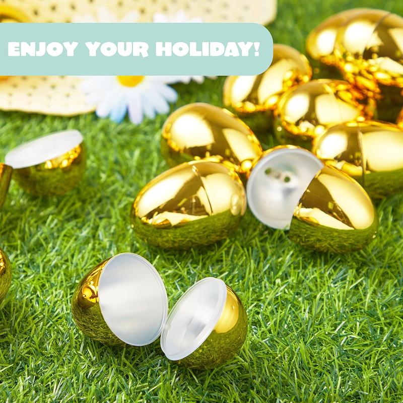Product Introduction of 36 Pieces Shiny Golden Metallic Easter Eggs 2.3" In Gold Color For Filling Specific Treats Set 8