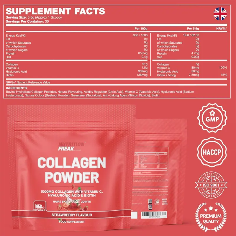 Collagen Peptides Powder, 5000mg Hydrolysed Bovine, with Vitamin C and Biotin, 165g, 30 Servings (165g, Strawberry) 1