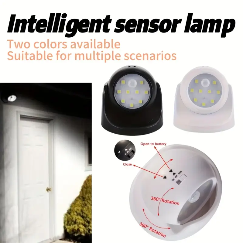 360 °   Rotatable Wireless Motion Sensor Night Light – Intelligent Security Wall Light for Indoor & Outdoor Use, Black or White, 3 AAA Batteries Required (Not Included) 3