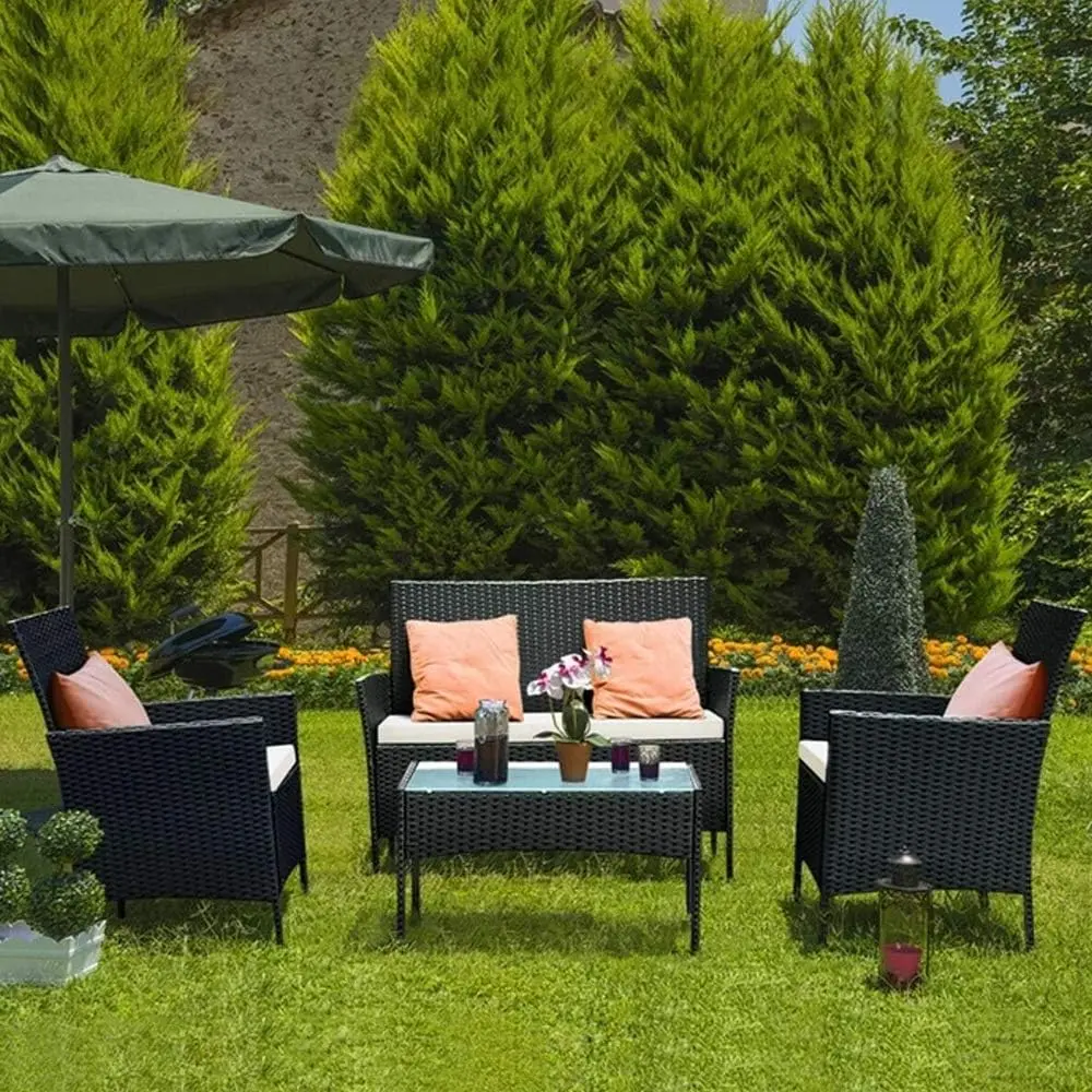 Rattan Garden Furniture Set, 4 Piece Patio Rattan Furniture Sofa Woven Wicker Includes 2 Armchairs, 1 Loveseat and 1 Table