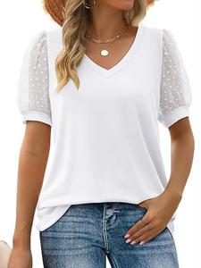 【Plus Size】 Swiss Dot V Neck Tee, Casual Short Sleeve T-Shirt for Summer, Women's Plus Clothing for Daily Wear, Top, Womenswear