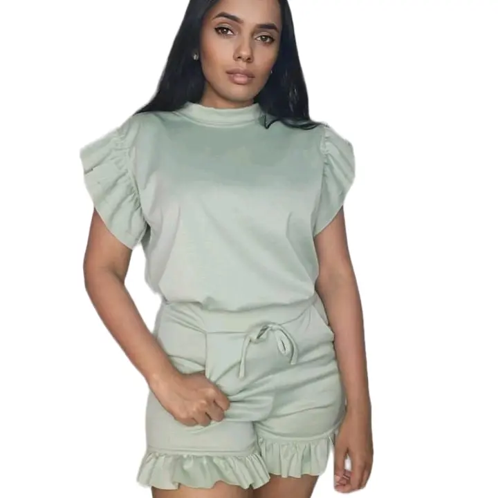 Womens Ladies Boxy Frill 2PC Co Ord Short Set Casual Comfortable Fit Outfit Summertime vibrant Piece Suits Womenswear Minimalist Basic tshirt