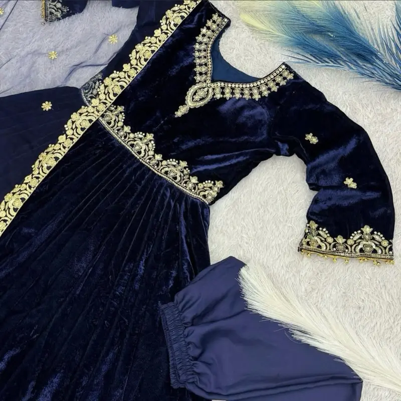 Navy Blue Velvet Dress for Women - Traditional Clothing - Womenswear Velvet Fabric Comfort 3