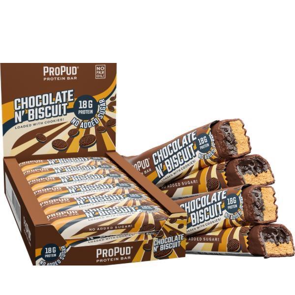 ProPud Chocolate N’ Biscuit High Protein Bar 18g Protein (12x55g), Crunchy Chocolate N’ Biscuit Loaded With Real Biscuit Pieces, No Added Sugar, Perfect Pre and Post Workout Nutrition 1