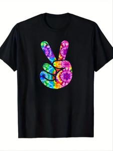 Women's Peace Sign Print Round Neck Tee, Fashion Casual Crew Neck T-Shirt for Daily Holiday Vacation Outdoor Wear, Ladies Clothes for Summer, Top