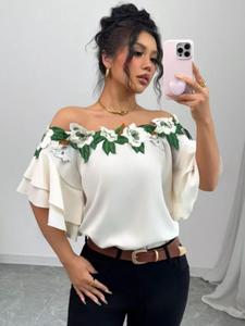 Women's Floral Embroidery Off The Shoulder Blouse, Casual Vintage Fashion Baggy Top for Summer, Women's Clothing for Daily Wear, Womenswear, Clothe, Lady