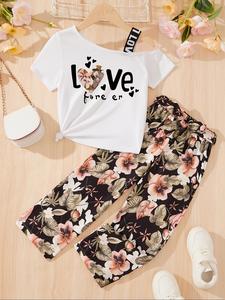 Girl's Letter Print  Tee & Floral Print Wide  Leg Pants Two-piece Set, Casual Fashion Short Sleeve  Top &  Trousers for Daily Outdoor Wear, Kids Clothing for Summer